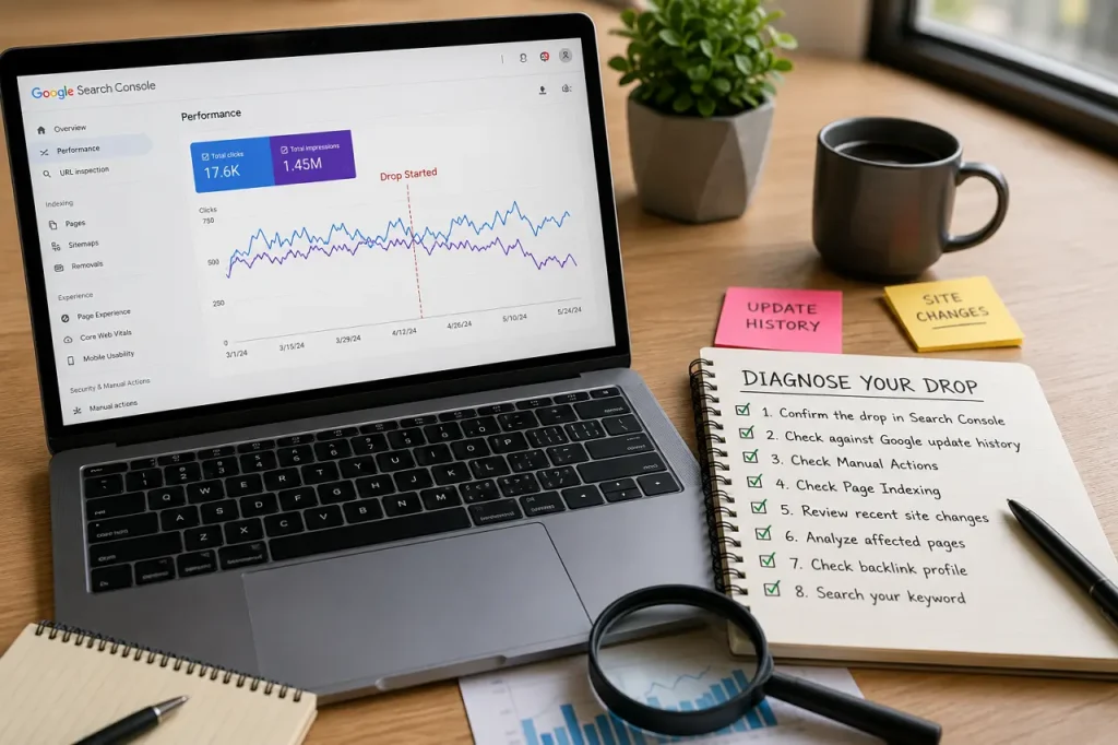 SEO professional diagnosing a Google ranking drop using Google Search Console, analytics dashboard, and a website audit checklist.