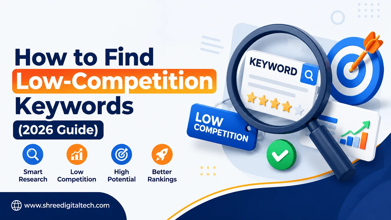 How to Find Low-Competition Keywords (2026 Guide) thumbnail by Shree Digital Tech featuring keyword research, SEO analysis, and ranking growth.