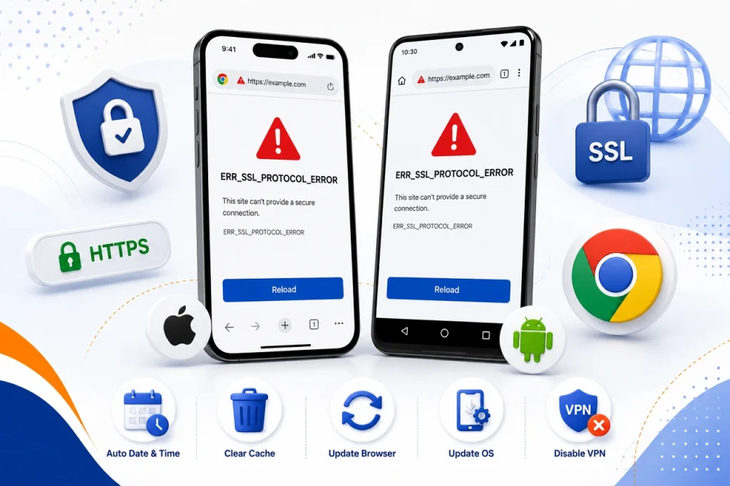 How to fix ERR_SSL_PROTOCOL_ERROR in Chrome and other browsers with SSL error troubleshooting tips for Android, iPhone, Windows, and macOS.
