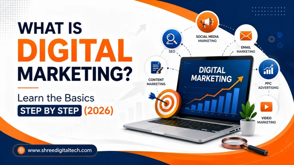 Illustration explaining digital marketing basics with SEO, content marketing, social media, email marketing, PPC, and video marketing around a laptop dashboard.