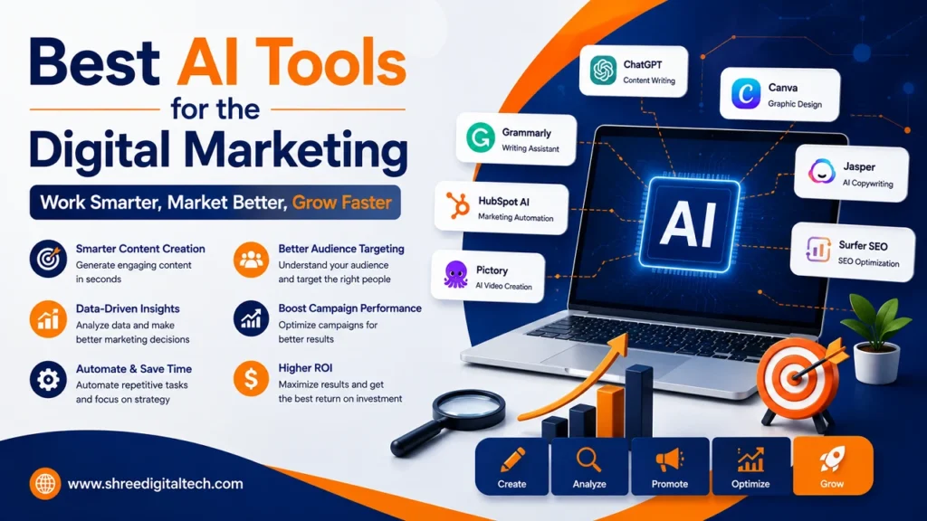Best AI tools for digital marketing including content creation, SEO, automation, analytics, and campaign optimization