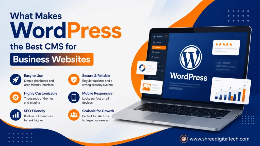 WordPress CMS for business websites showing easy management, security, customization, SEO, and mobile responsiveness