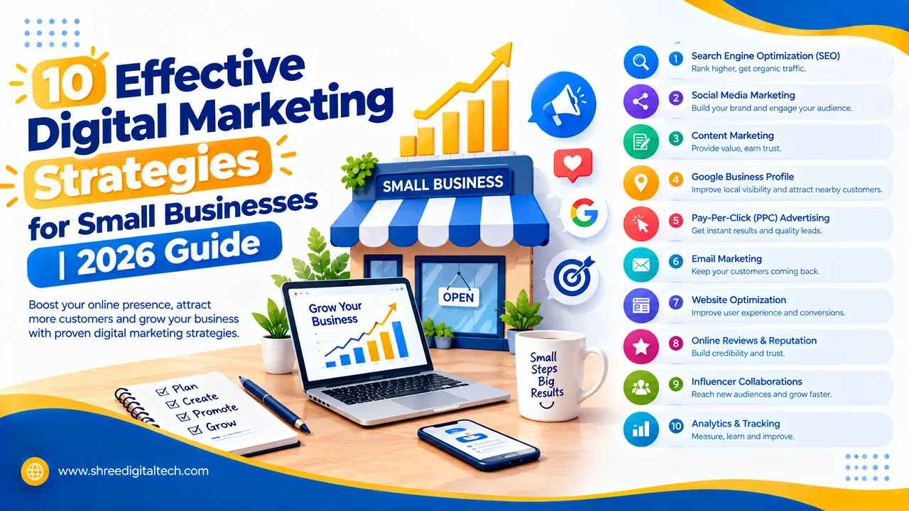 10 Effective Digital Marketing Strategies for Small Businesses | 2026 Guide 1 10 effective digital marketing strategies for small businesses in 2026, including SEO, social media marketing, content marketing, PPC, and Google Business Profile.