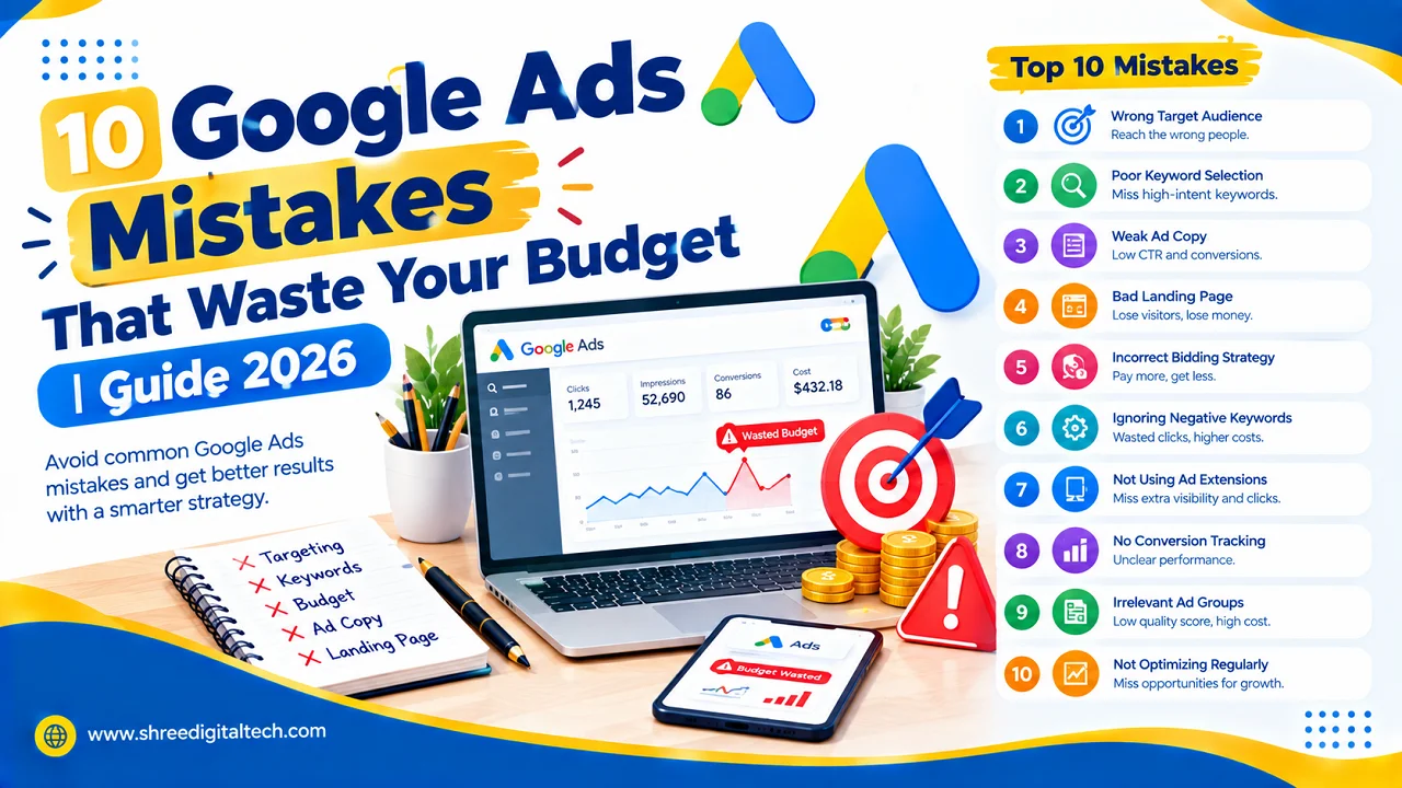 10 Google Ads Mistakes That Waste Your Budget | Guide 2026 1 10 Google Ads mistakes that waste your budget, including wrong targeting, poor keyword selection, weak ad copy, bad landing pages, and incorrect bidding.