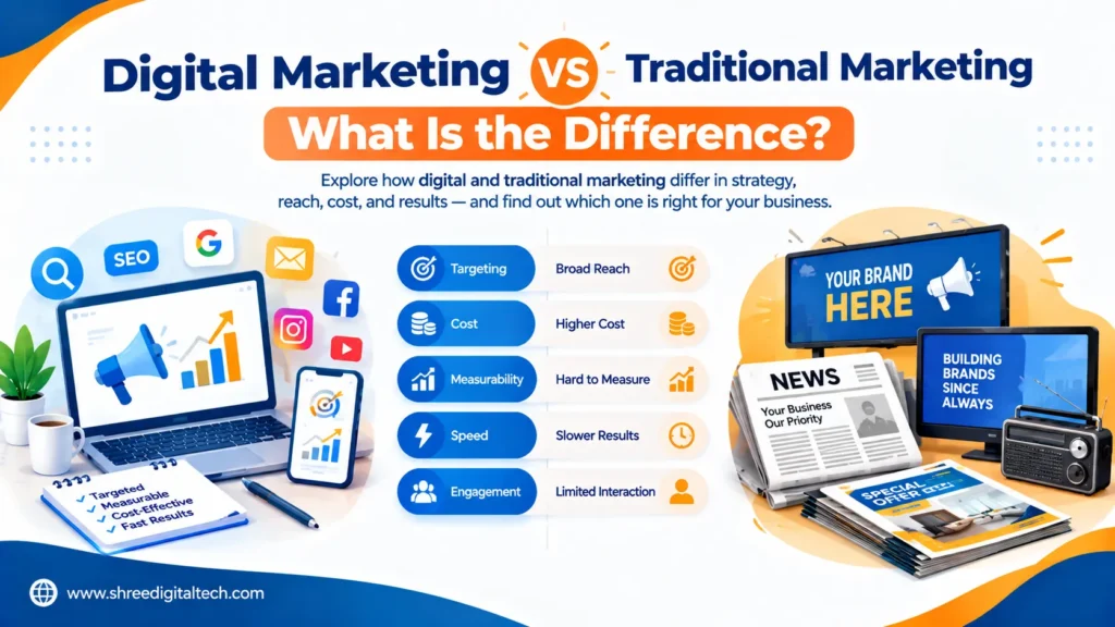 Digital Marketing vs Traditional Marketing: What Is the Difference? 6 Digital Marketing vs Traditional Marketing comparison showing differences in targeting, cost, reach, measurability, speed, and customer engagement.