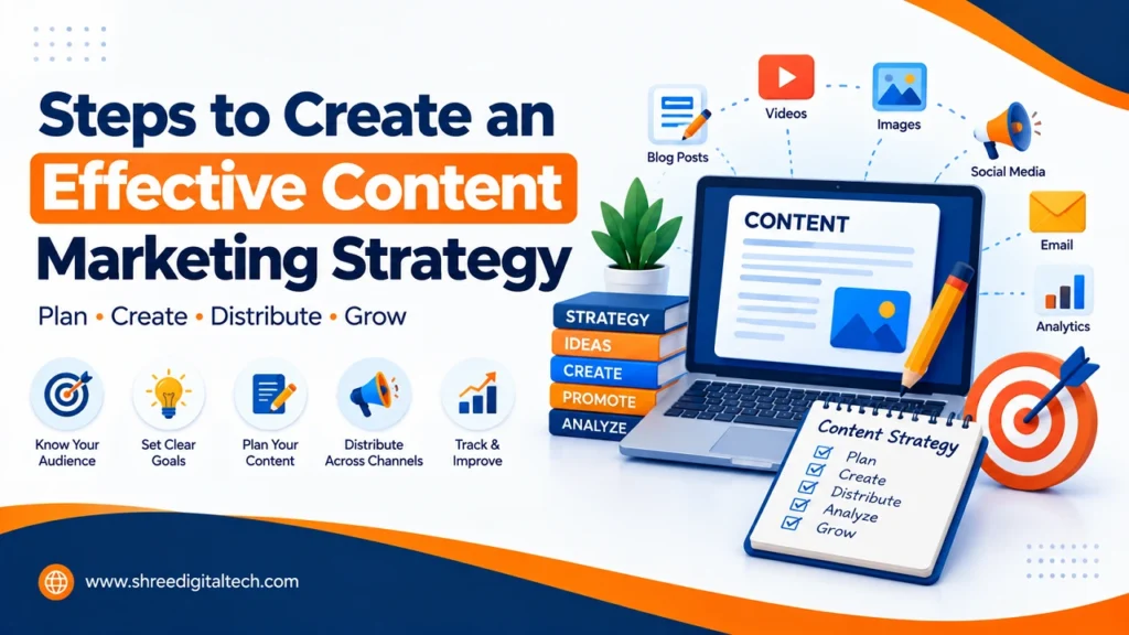 Steps to create an effective content marketing strategy including audience research, goals, content planning, distribution, and analytics