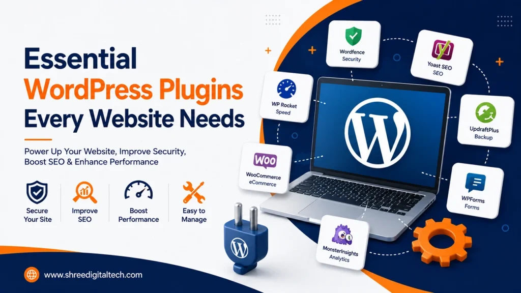 Essential WordPress plugins every website needs for security, SEO, speed, backups, forms, analytics, and eCommerce