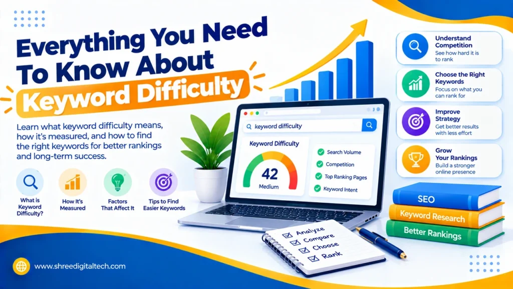 Everything you need to know about keyword difficulty, including keyword competition, search volume, ranking factors, and tips for choosing easier keywords.