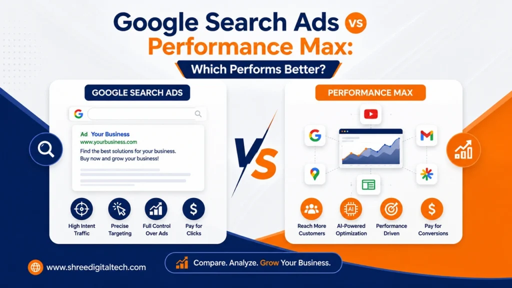 Google Search Ads vs Performance Max comparison showing targeting, reach, AI optimization, clicks, conversions, and campaign performance