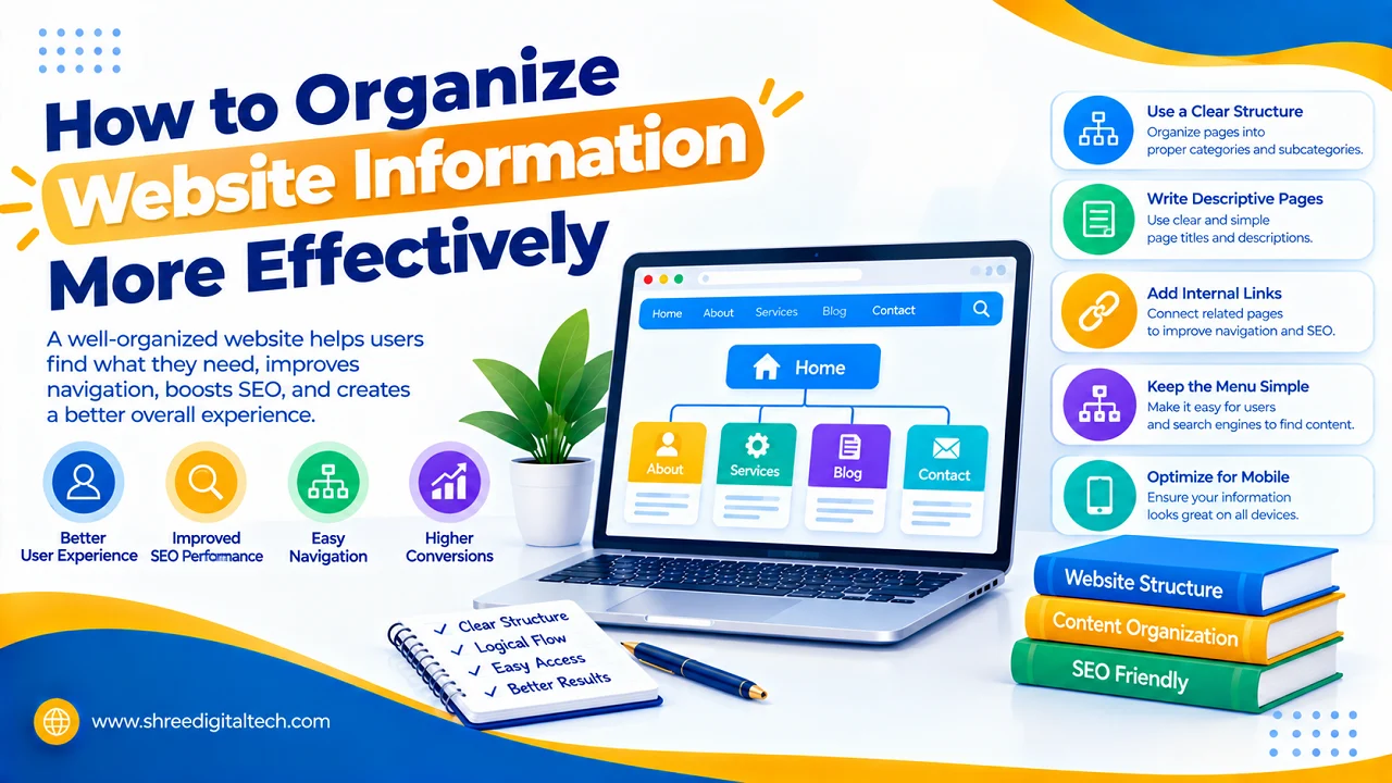 How to Organize Website Information More Effectively 1 How to organize website information effectively using clear website structure, simple navigation, internal links, descriptive pages, and mobile optimization.