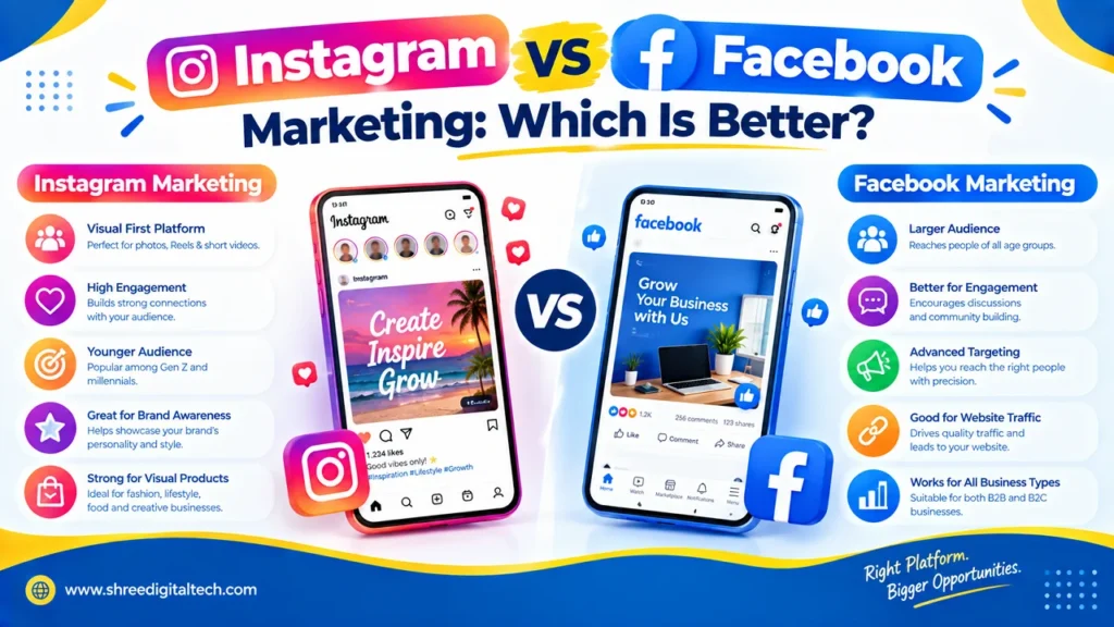 Instagram vs Facebook Marketing comparison showing differences in audience, engagement, targeting, brand awareness, website traffic, and business use.