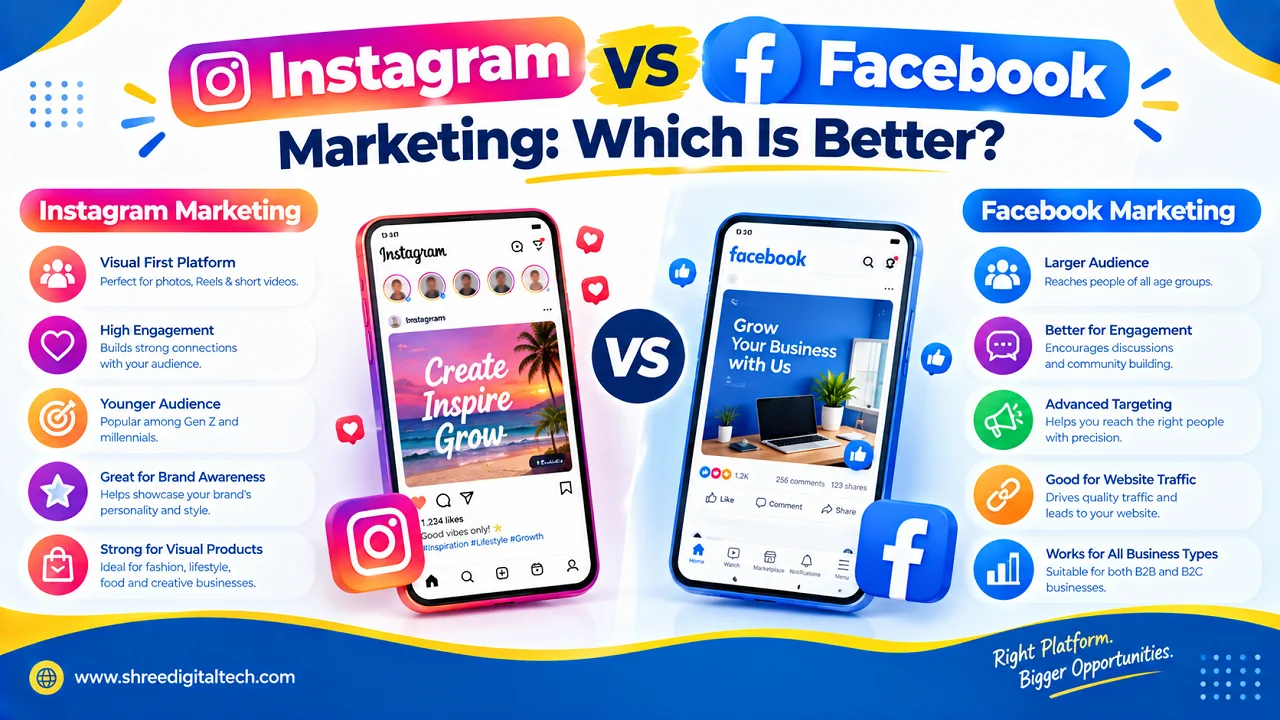 Instagram vs Facebook Marketing: Which Is Better? 1 Instagram vs Facebook Marketing comparison showing differences in audience, engagement, targeting, brand awareness, website traffic, and business use.