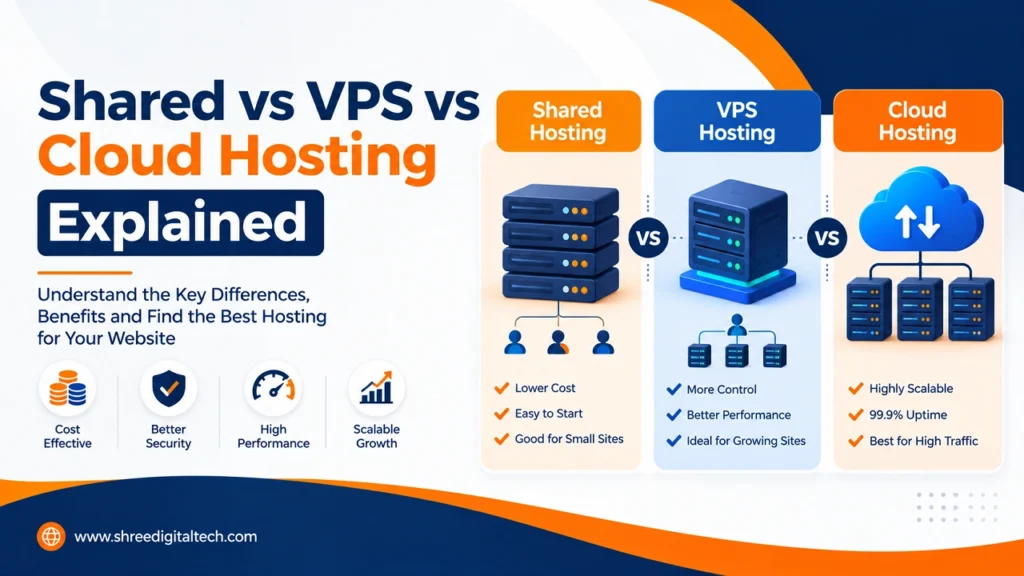 Shared vs VPS vs Cloud Hosting comparison showing cost, performance, security, scalability, and key features