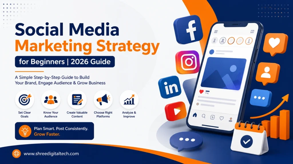 Social media marketing strategy for beginners covering goals, audience, content, platforms, engagement, and analytics