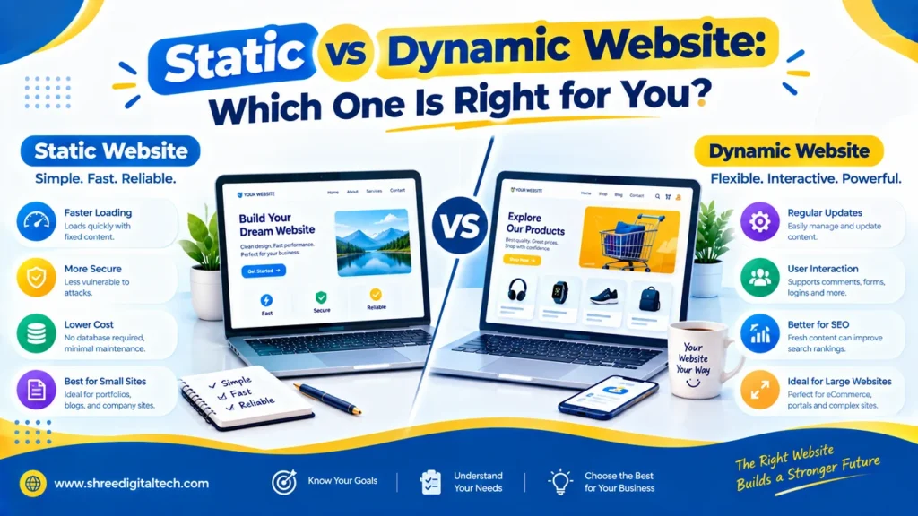 Static vs Dynamic Website comparison showing differences in speed, security, cost, flexibility, user interaction, and suitability for different business needs.